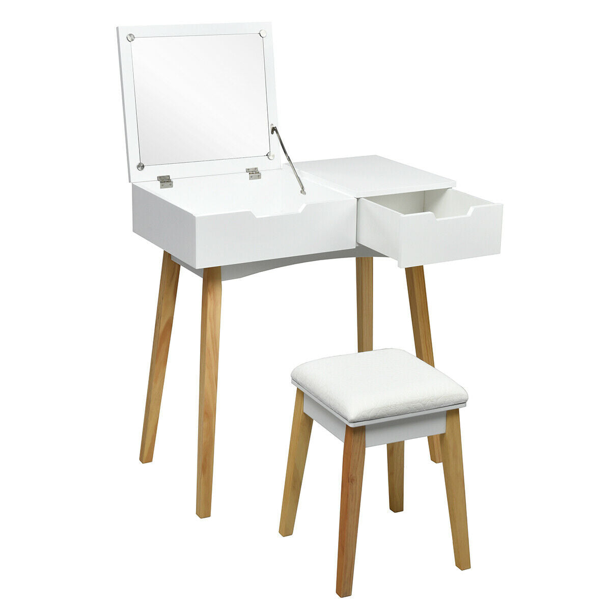 Wooden Vanity Table with Flip Top Mirror and Cushioned Stool, White Makeup Vanities White at Gallery Canada