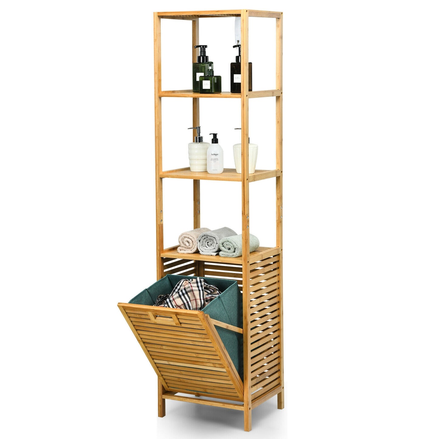 Bamboo Tower Hamper Organizer with 3-Tier Storage Shelves, Natural Floor Cabinets at Gallery Canada