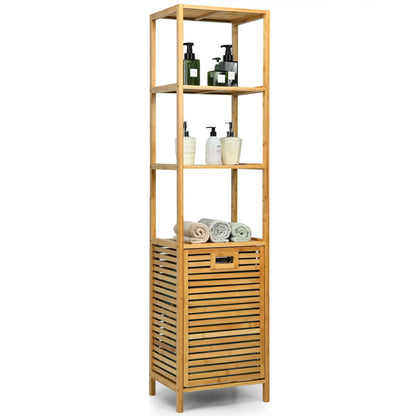Bamboo Tower Hamper Organizer with 3-Tier Storage Shelves, Natural Floor Cabinets Natural at Gallery Canada