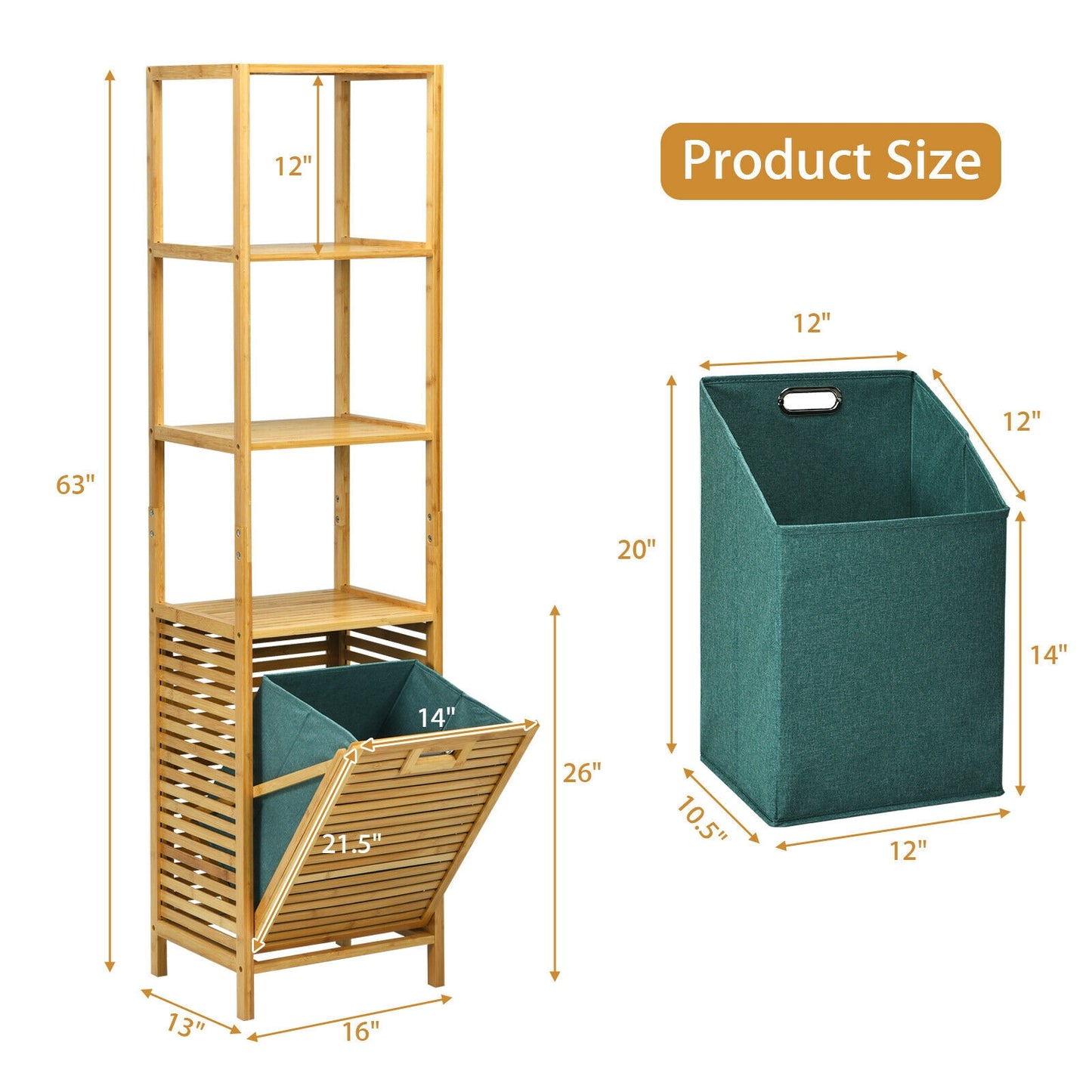 Bamboo Tower Hamper Organizer with 3-Tier Storage Shelves, Natural Floor Cabinets at Gallery Canada