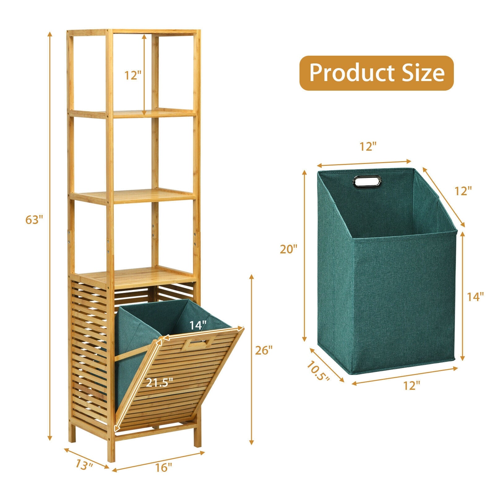 Bamboo Tower Hamper Organizer with 3-Tier Storage Shelves, Natural Floor Cabinets at Gallery Canada