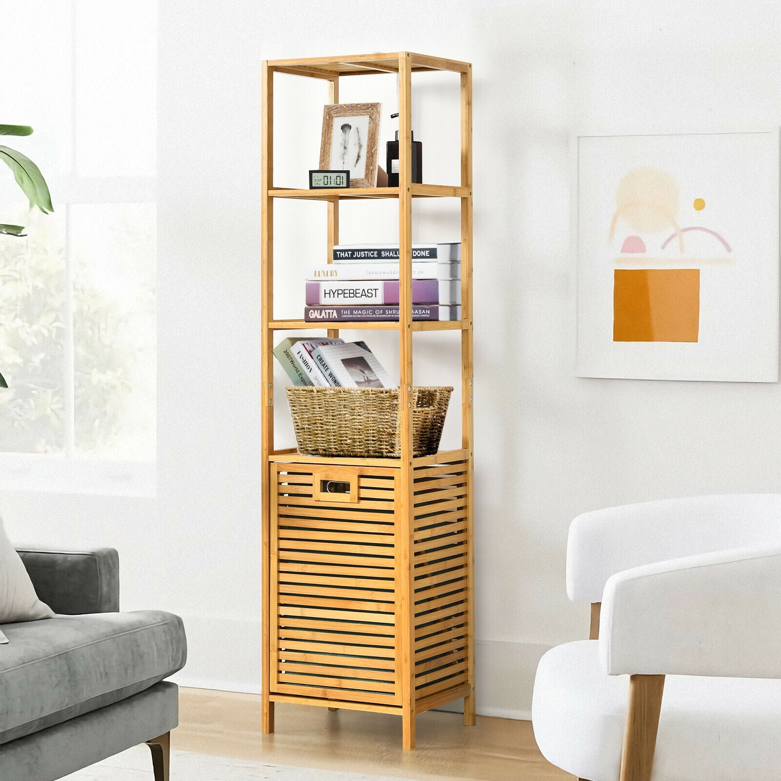 Bamboo Tower Hamper Organizer with 3-Tier Storage Shelves, Natural Floor Cabinets at Gallery Canada