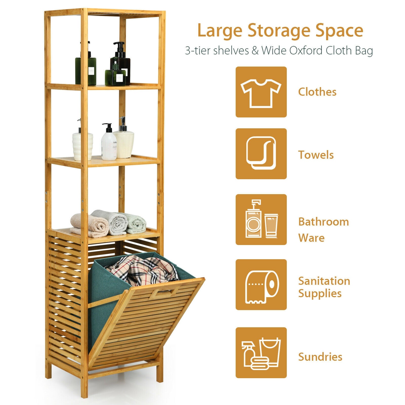 Bamboo Tower Hamper Organizer with 3-Tier Storage Shelves, Natural Floor Cabinets at Gallery Canada