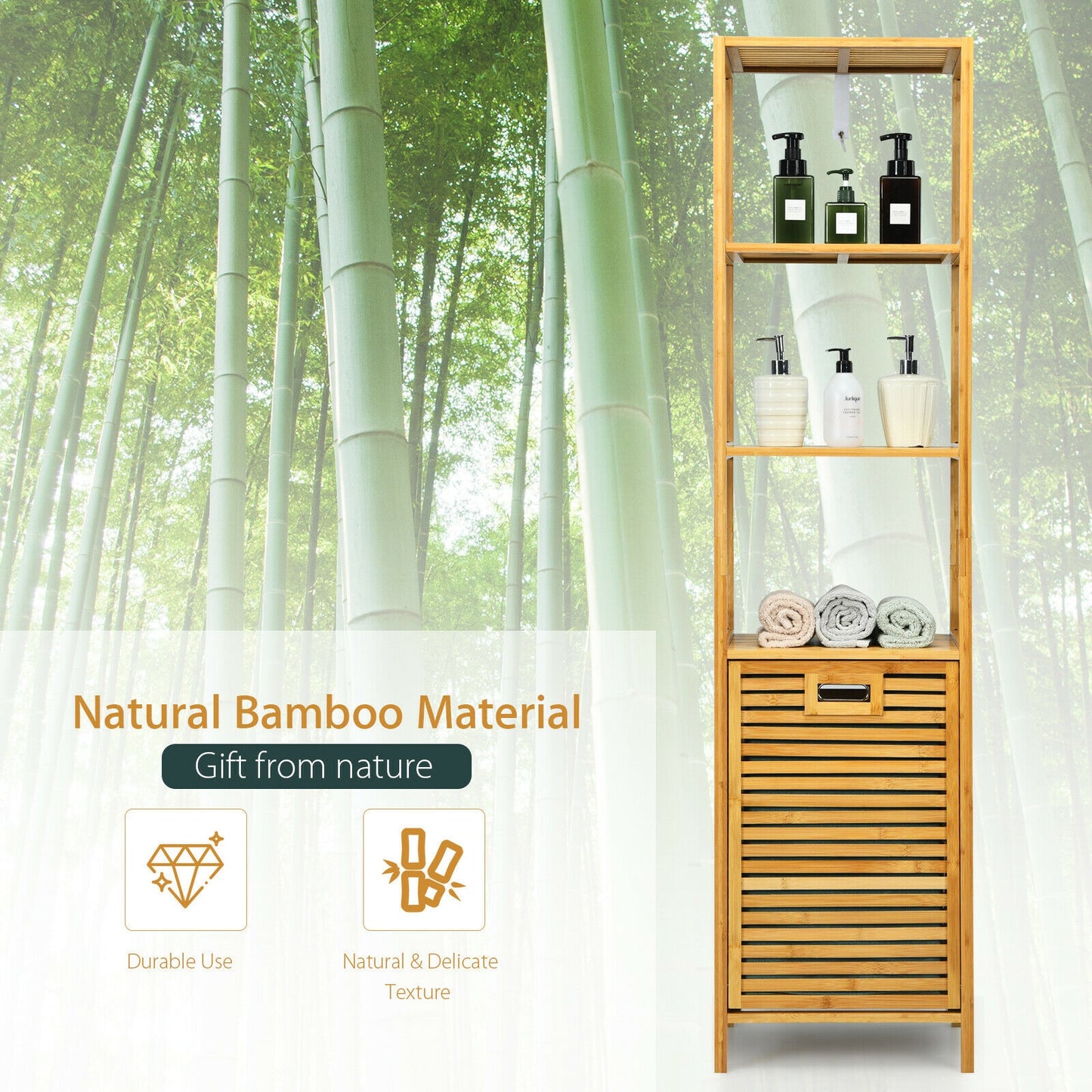 Bamboo Tower Hamper Organizer with 3-Tier Storage Shelves, Natural Floor Cabinets at Gallery Canada