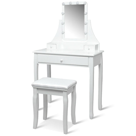 10 LED Lighted Mirror, 3 Drawers Vanity Table Set, White Makeup Vanities White at Gallery Canada