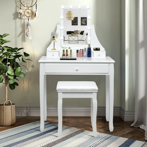 10 LED Lighted Mirror, 3 Drawers Vanity Table Set, White