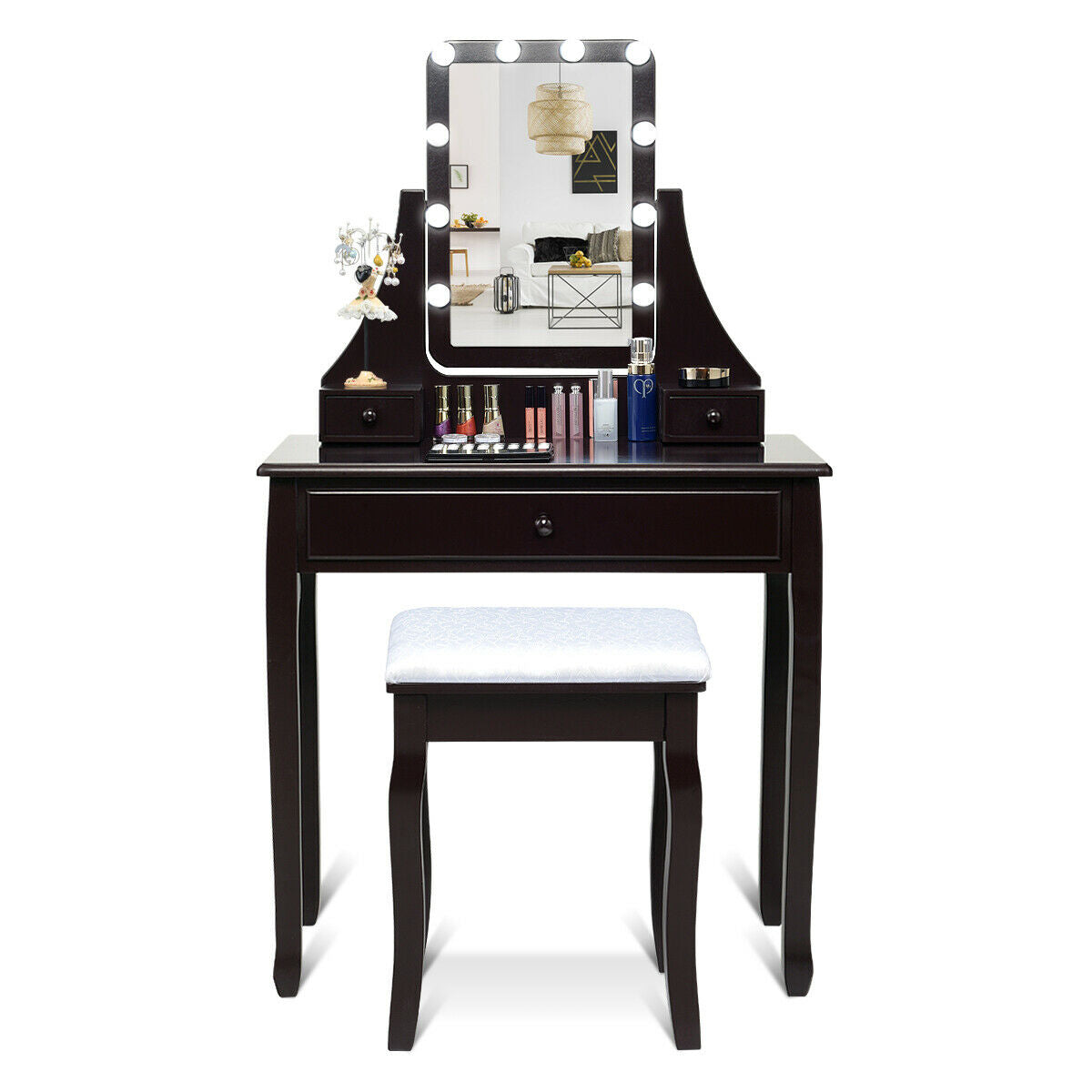 10 LED Lighted Mirror, 3 Drawers Vanity Table Set, Brown Makeup Vanities at Gallery Canada