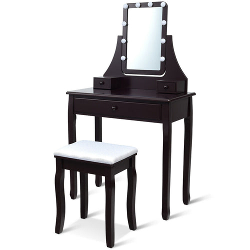 10 LED Lighted Mirror, 3 Drawers Vanity Table Set, Brown