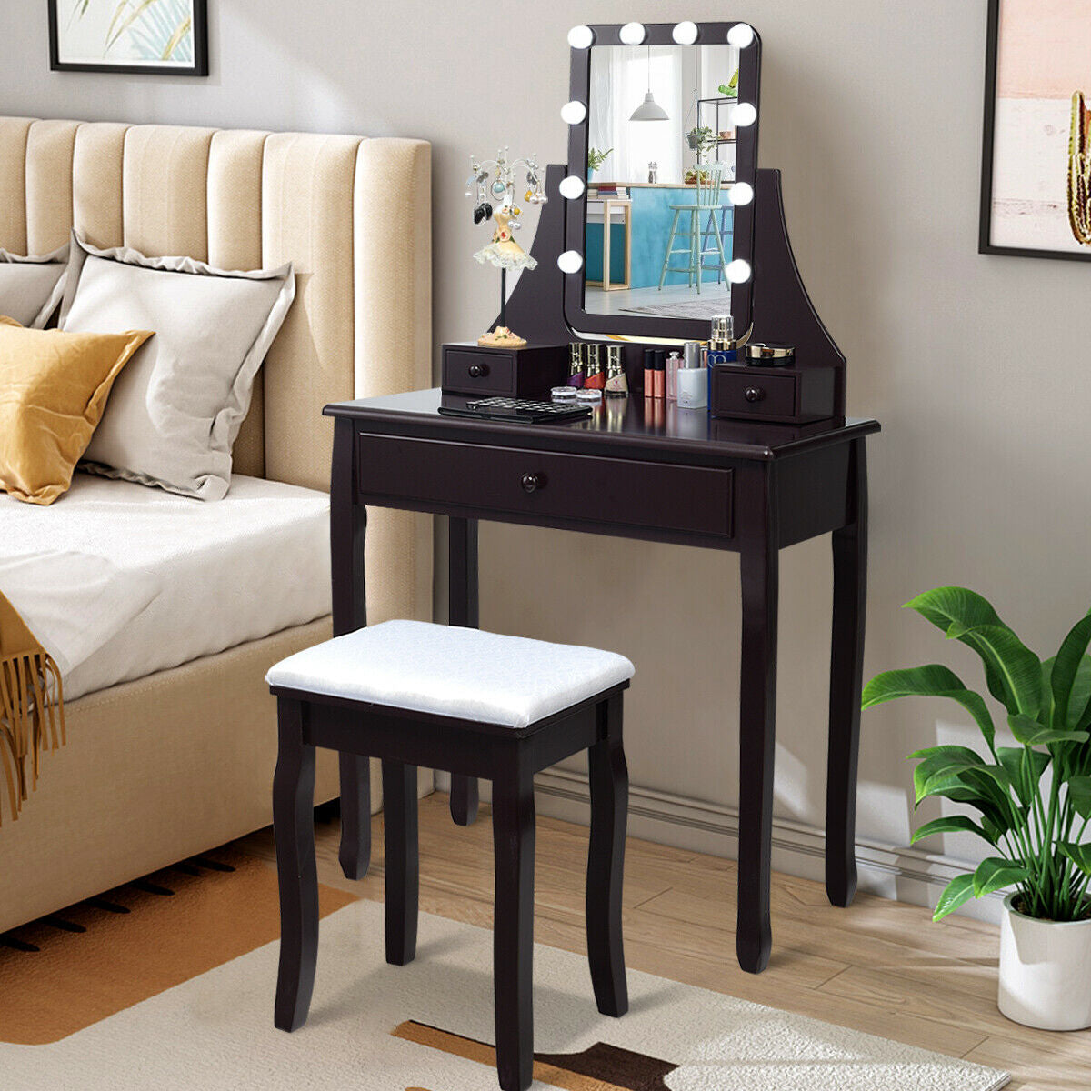 10 LED Lighted Mirror, 3 Drawers Vanity Table Set, Brown Makeup Vanities at Gallery Canada