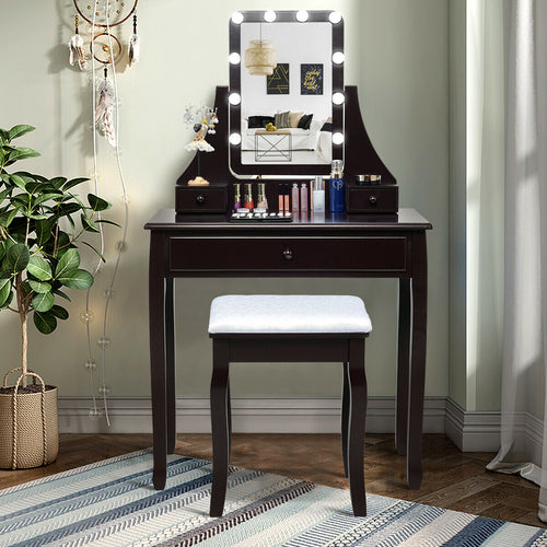 10 LED Lighted Mirror, 3 Drawers Vanity Table Set, Brown