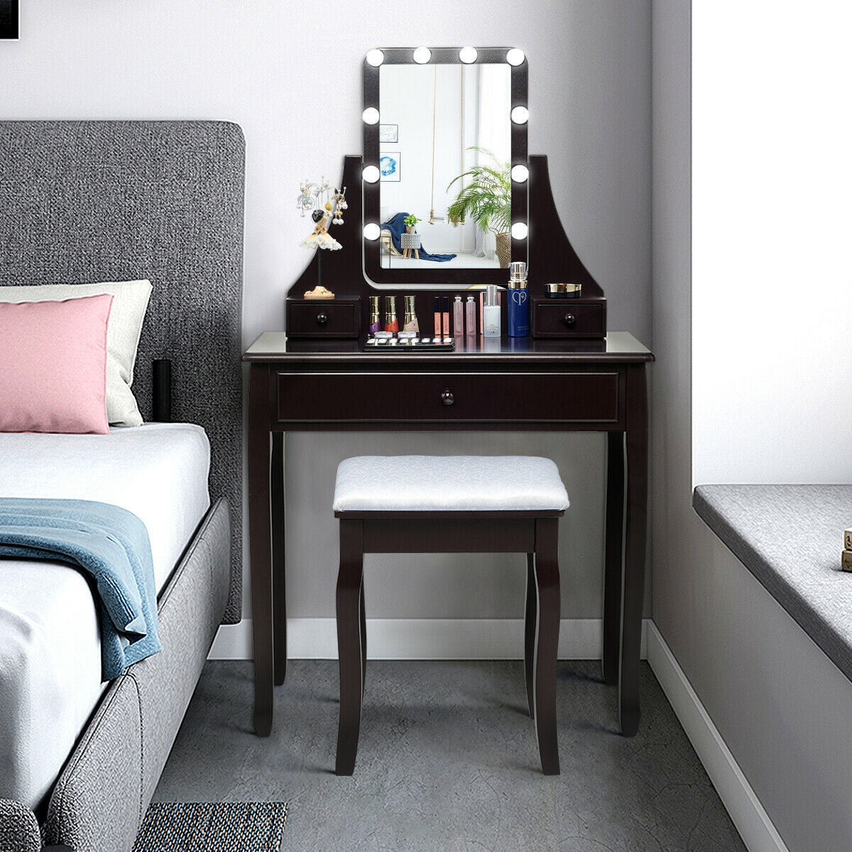 10 LED Lighted Mirror, 3 Drawers Vanity Table Set, Brown Makeup Vanities at Gallery Canada