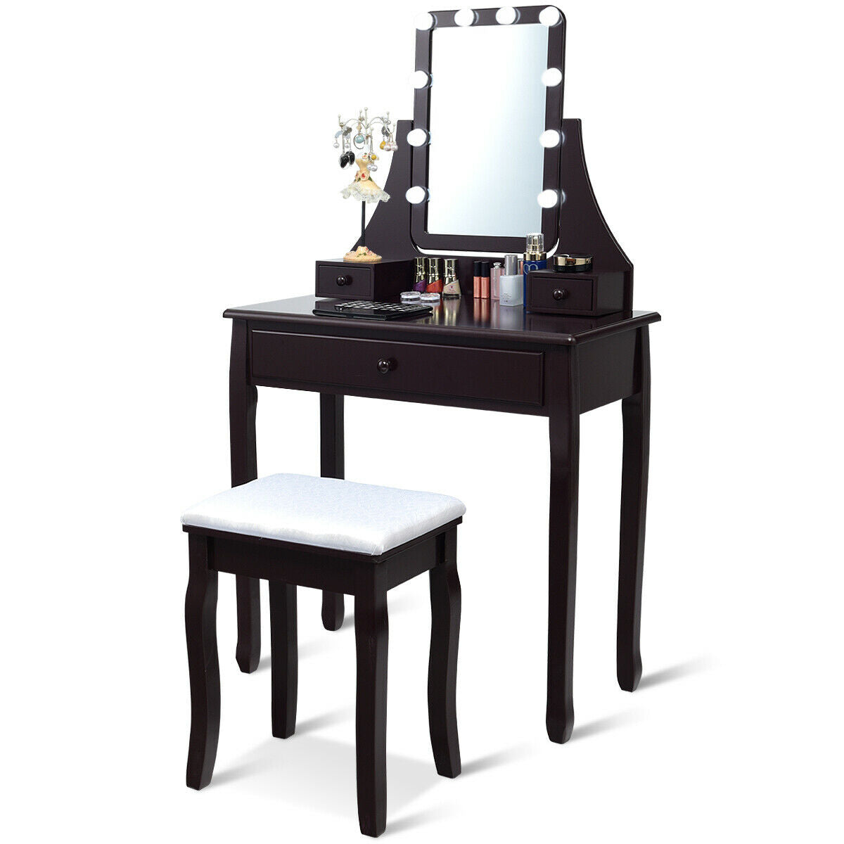 10 LED Lighted Mirror, 3 Drawers Vanity Table Set, Brown Makeup Vanities at Gallery Canada