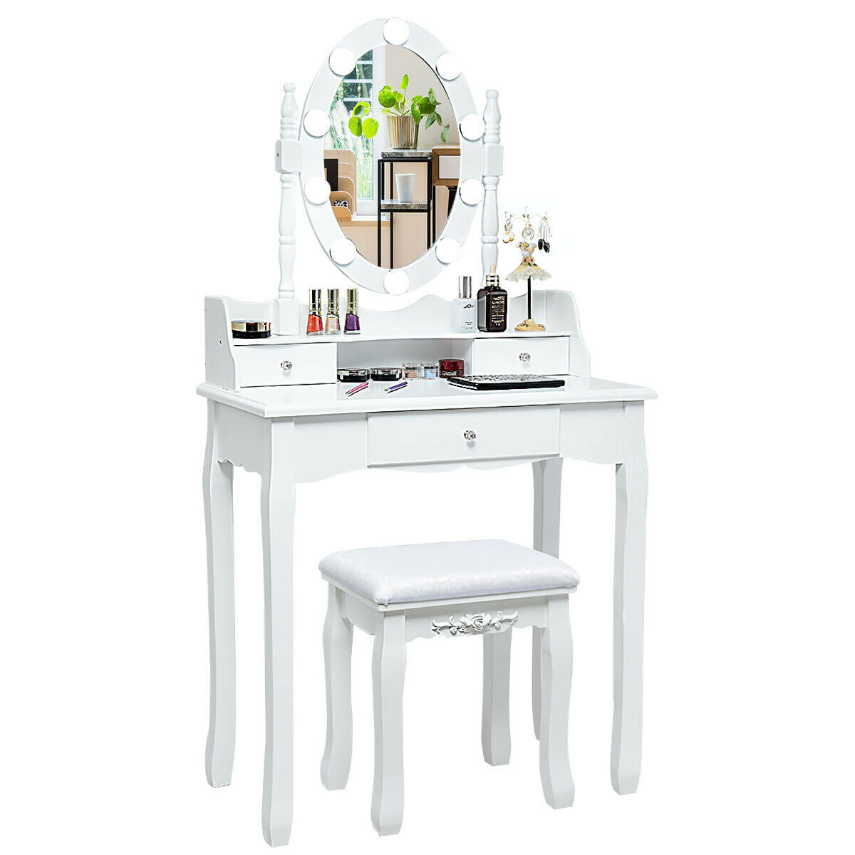 Oval Mirror Vanity Set with 10 LED Dimmable Bulbs and 3 Drawers, White Makeup Vanities at Gallery Canada