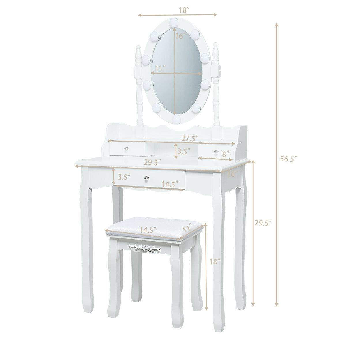 Oval Mirror Vanity Set with 10 LED Dimmable Bulbs and 3 Drawers, White Makeup Vanities at Gallery Canada