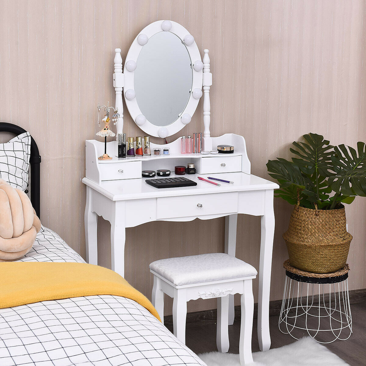 Oval Mirror Vanity Set with 10 LED Dimmable Bulbs and 3 Drawers, White Makeup Vanities at Gallery Canada