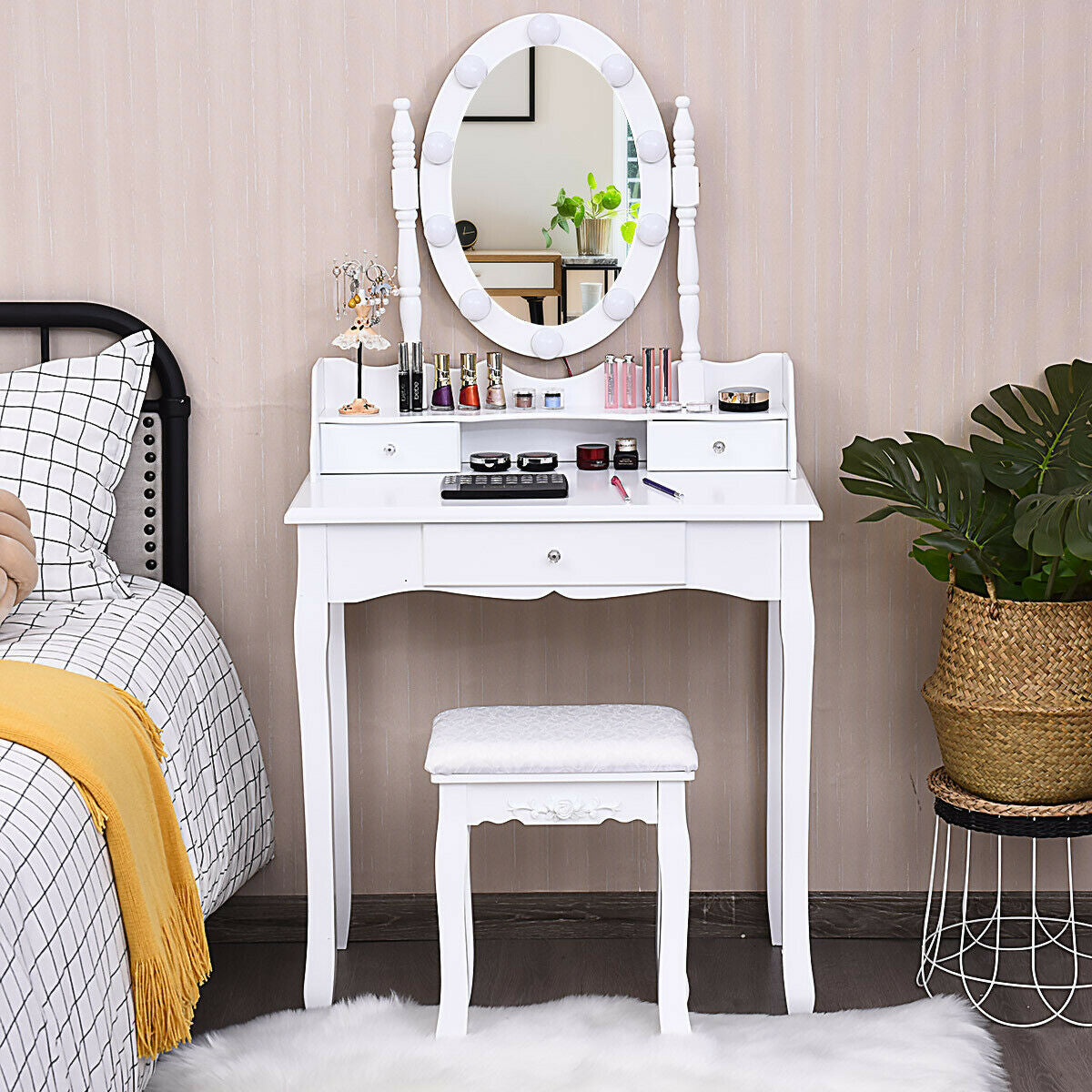 Oval Mirror Vanity Set with 10 LED Dimmable Bulbs and 3 Drawers, White Makeup Vanities at Gallery Canada