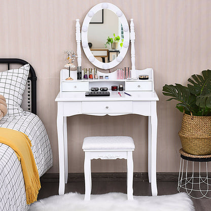Oval Mirror Vanity Set with 10 LED Dimmable Bulbs and 3 Drawers, White Makeup Vanities at Gallery Canada