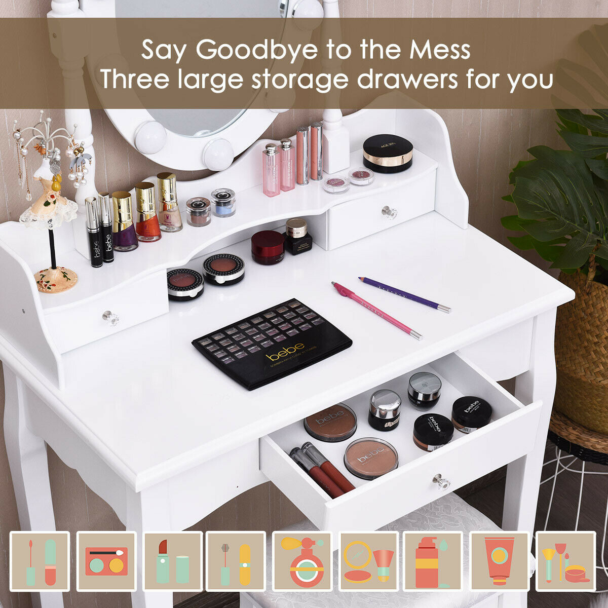 Oval Mirror Vanity Set with 10 LED Dimmable Bulbs and 3 Drawers, White Makeup Vanities at Gallery Canada