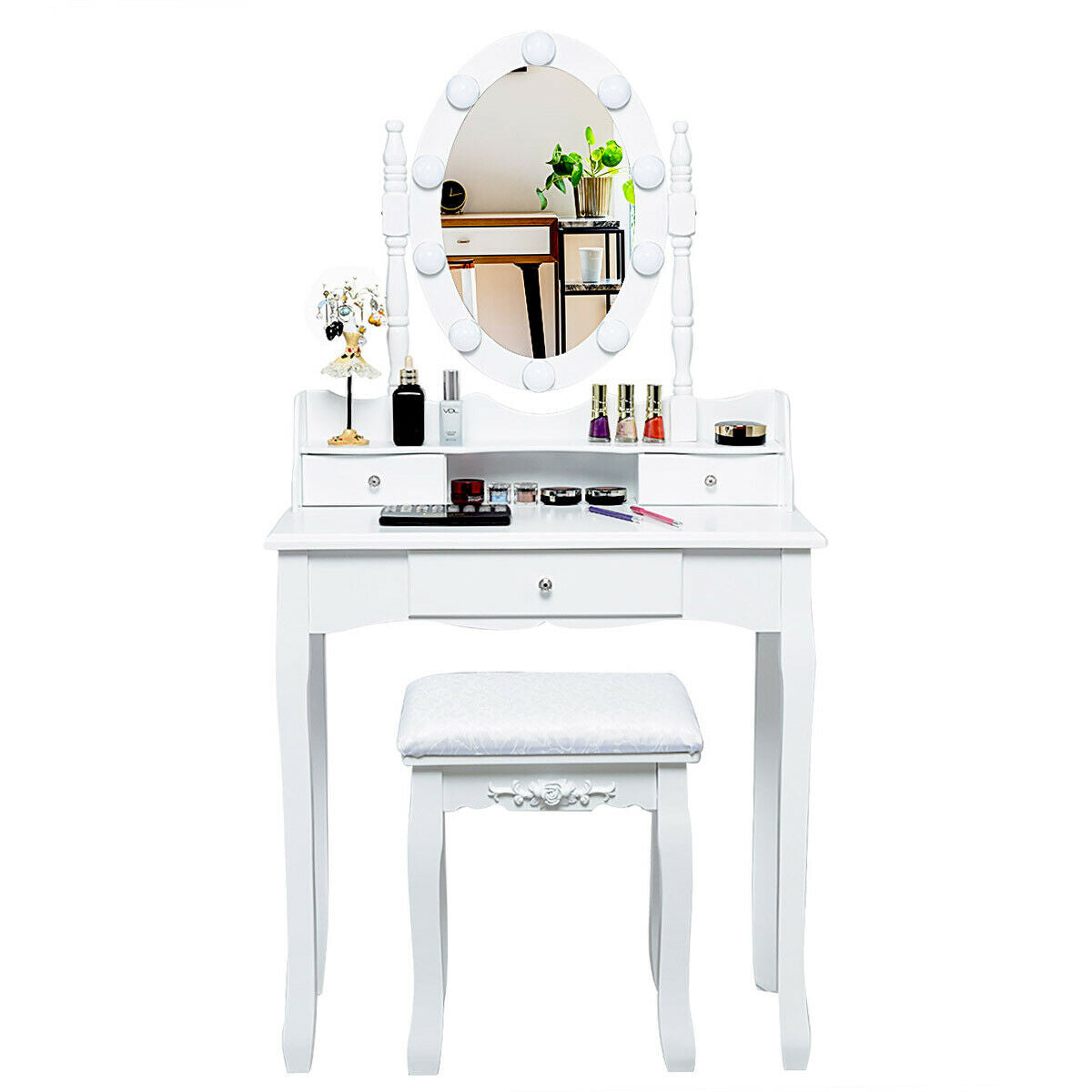 Oval Mirror Vanity Set With 10 LED Dimmable Bulbs, 3 Drawers, White Makeup Vanities White at Gallery Canada