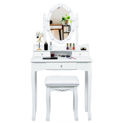 Oval Mirror Vanity Set With 10 LED Dimmable Bulbs, 3 Drawers, White