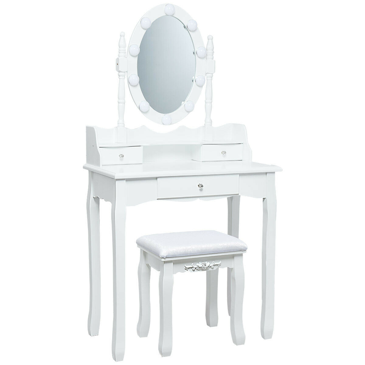 Oval Mirror Vanity Set with 10 LED Dimmable Bulbs and 3 Drawers, White Makeup Vanities at Gallery Canada