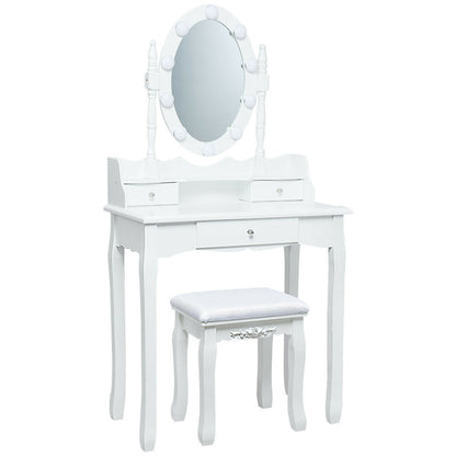 Oval Mirror Vanity Set with 10 LED Dimmable Bulbs and 3 Drawers, White Makeup Vanities at Gallery Canada