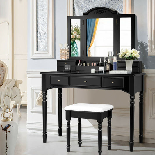Makeup Dressing Table with Tri-Folding Mirror and Cushioned Stool for Women, Black - Gallery Canada