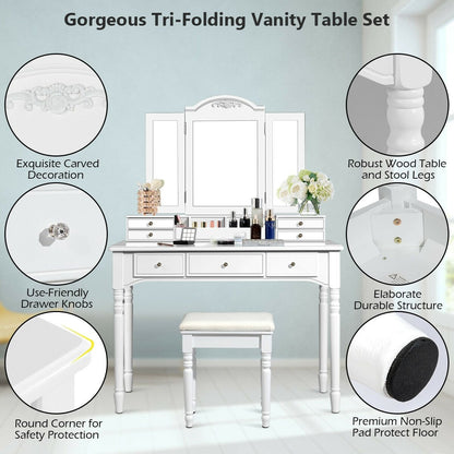 Makeup Dressing Table with Tri-Folding Mirror and Cushioned Stool for Women, White - Gallery Canada