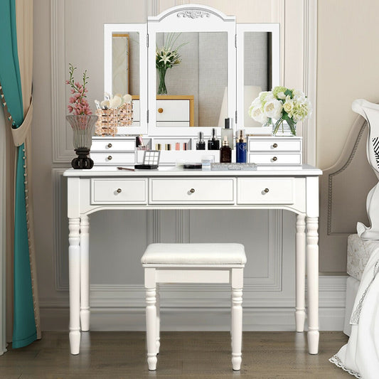 Makeup Dressing Table with Tri-Folding Mirror and Cushioned Stool for Women, White - Gallery Canada
