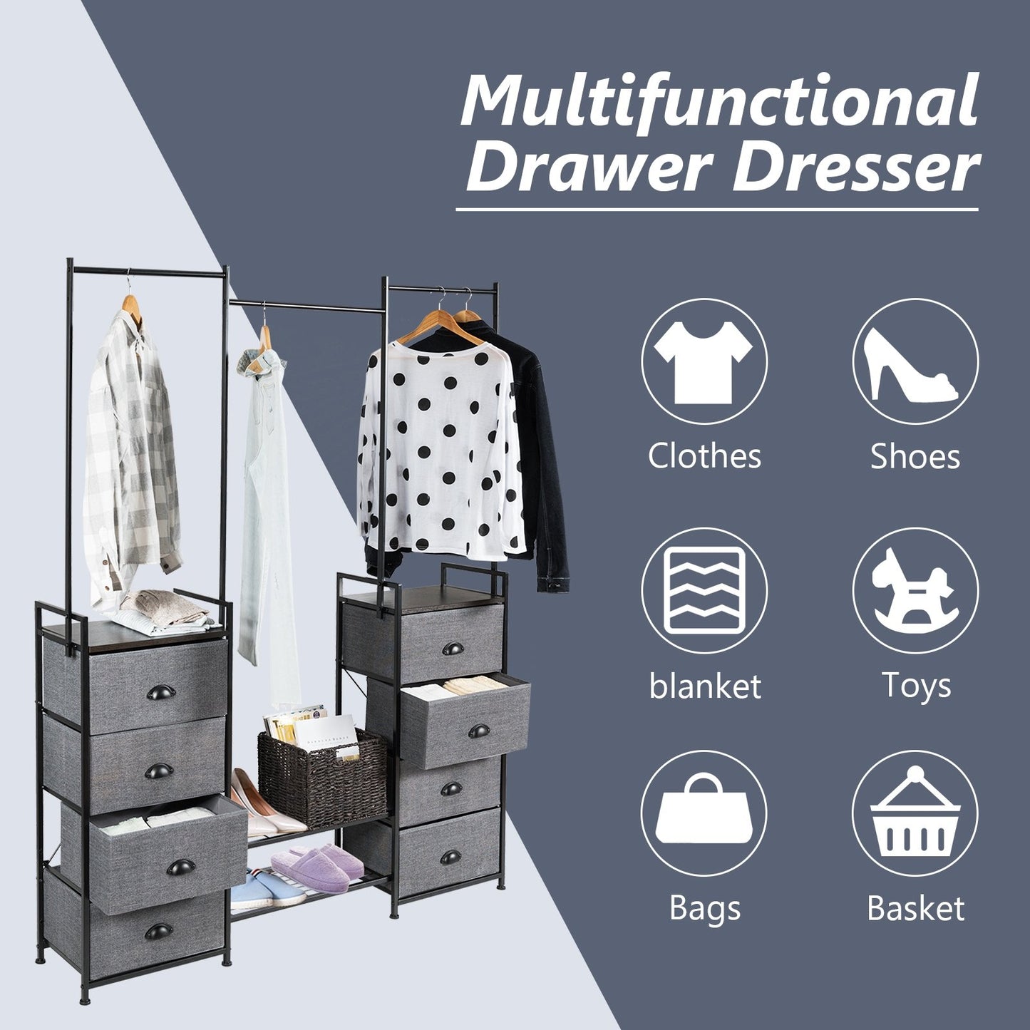3-in-1 Portable Multifunctional  Dresser with 8 Fabric Drawers and Metal Rack, Gray - Gallery Canada