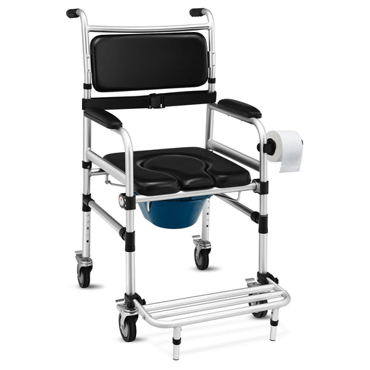 2-in-1 Aluminum Commode Shower Wheelchair with Locking Casters, Black