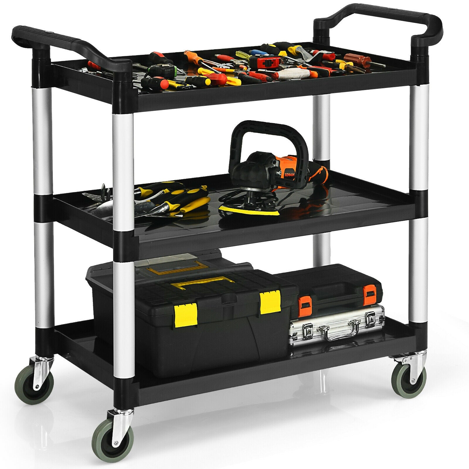3-Shelf Utility Service Cart Aluminum Frame 490lbs Capacity with Casters, Black Kitchen Islands & Carts at Gallery Canada