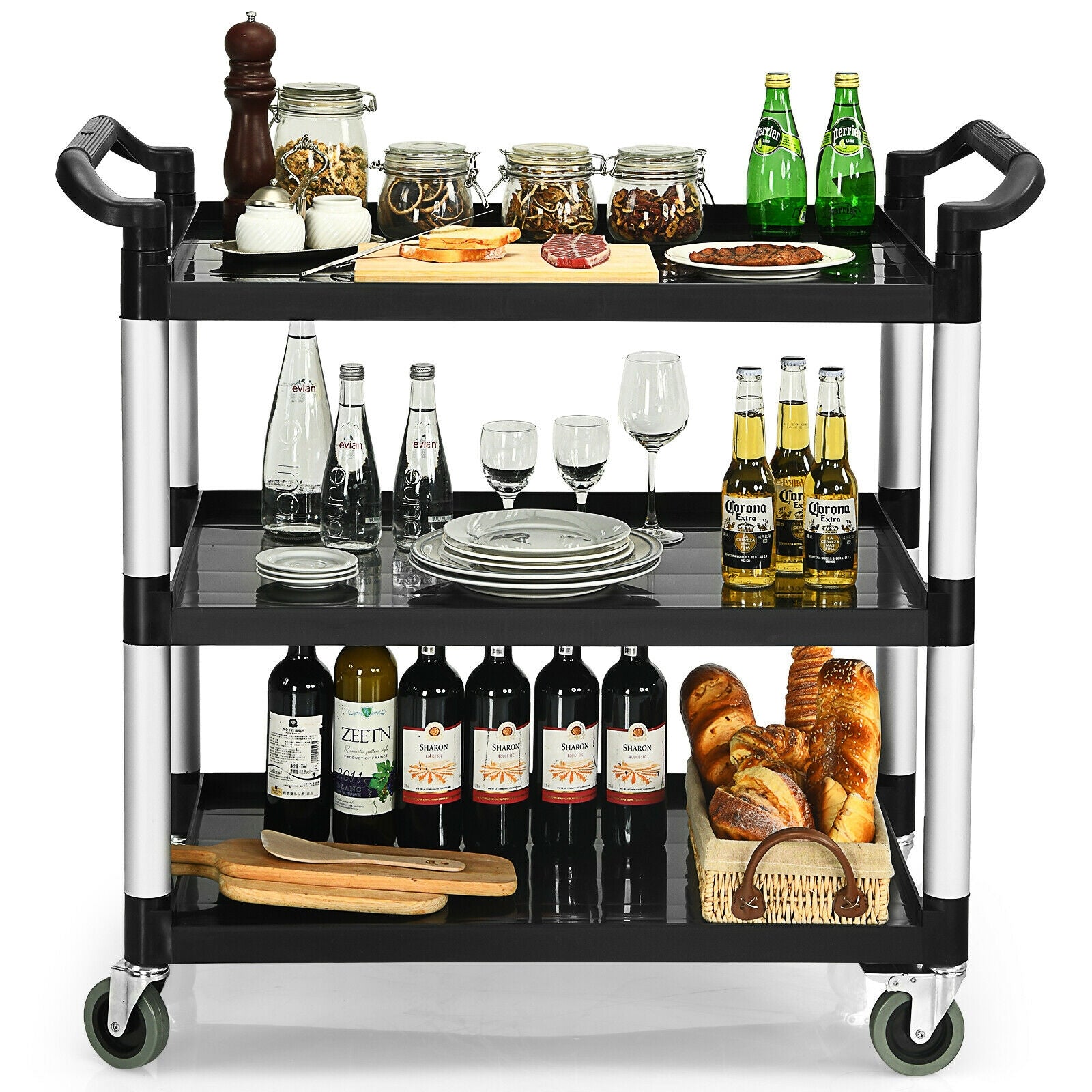 3-Shelf Utility Service Cart Aluminum Frame 490lbs Capacity with Casters, Black Kitchen Islands & Carts at Gallery Canada