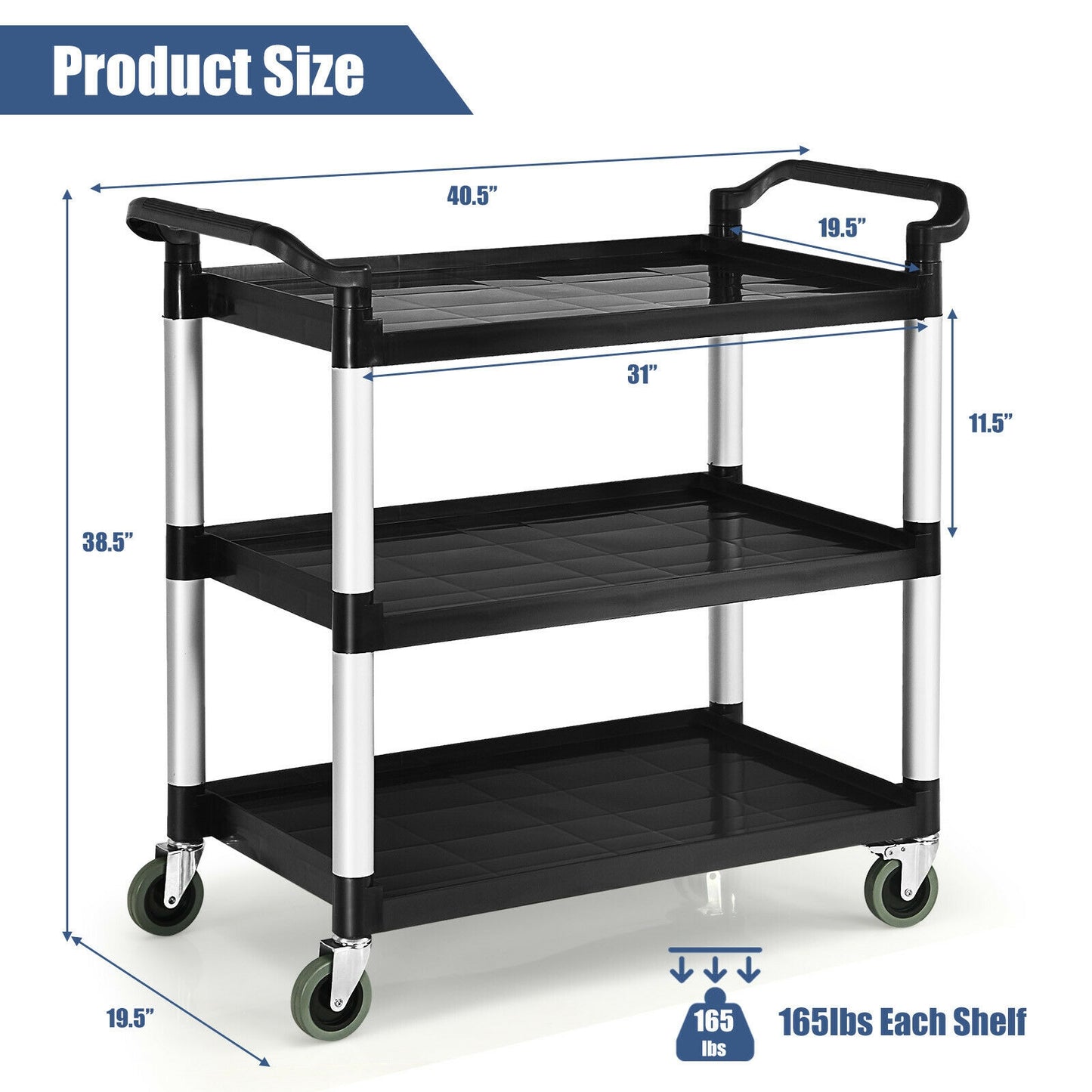 3-Shelf Utility Service Cart Aluminum Frame 490lbs Capacity with Casters, Black Kitchen Islands & Carts at Gallery Canada