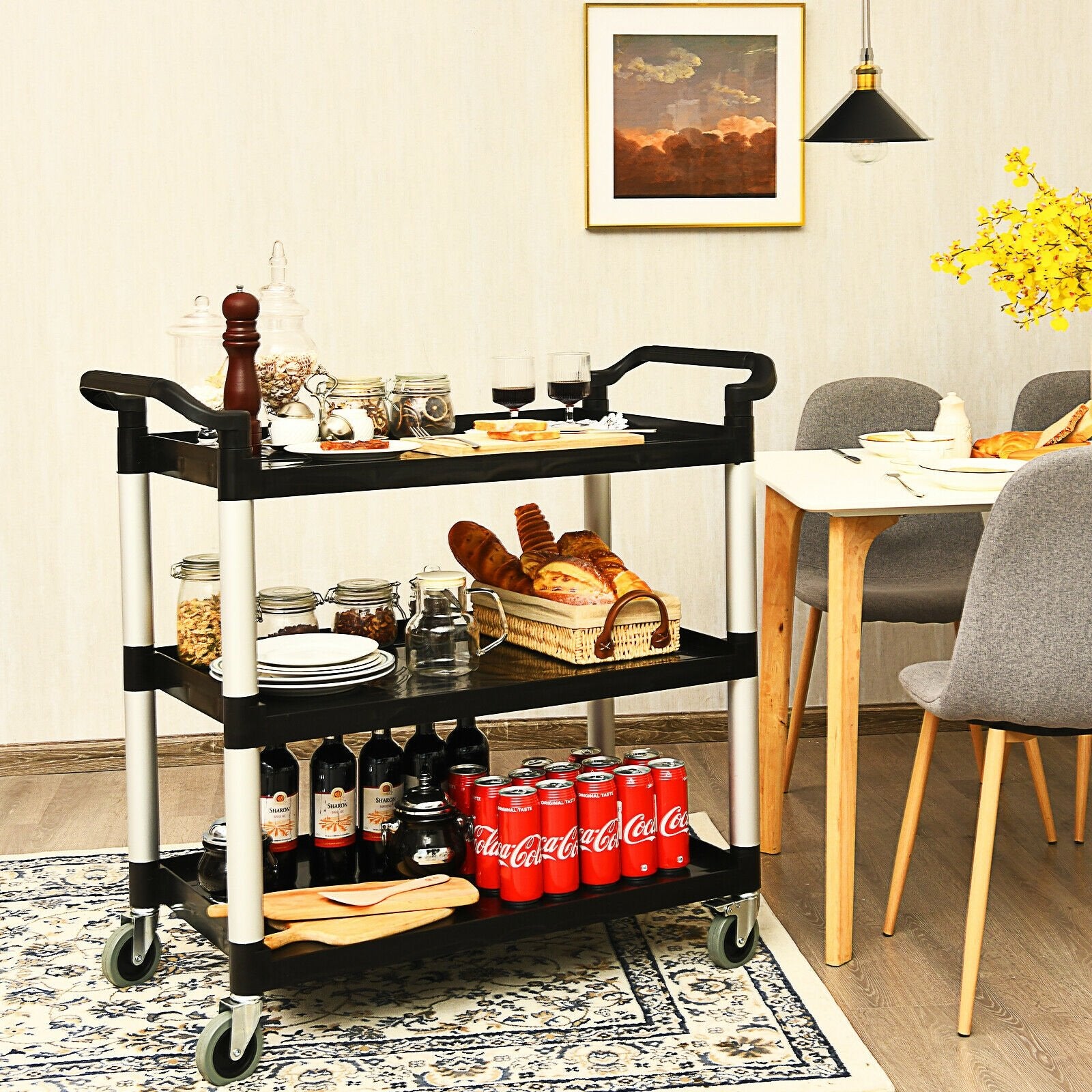 3-Shelf Utility Service Cart Aluminum Frame 490lbs Capacity with Casters, Black Kitchen Islands & Carts at Gallery Canada