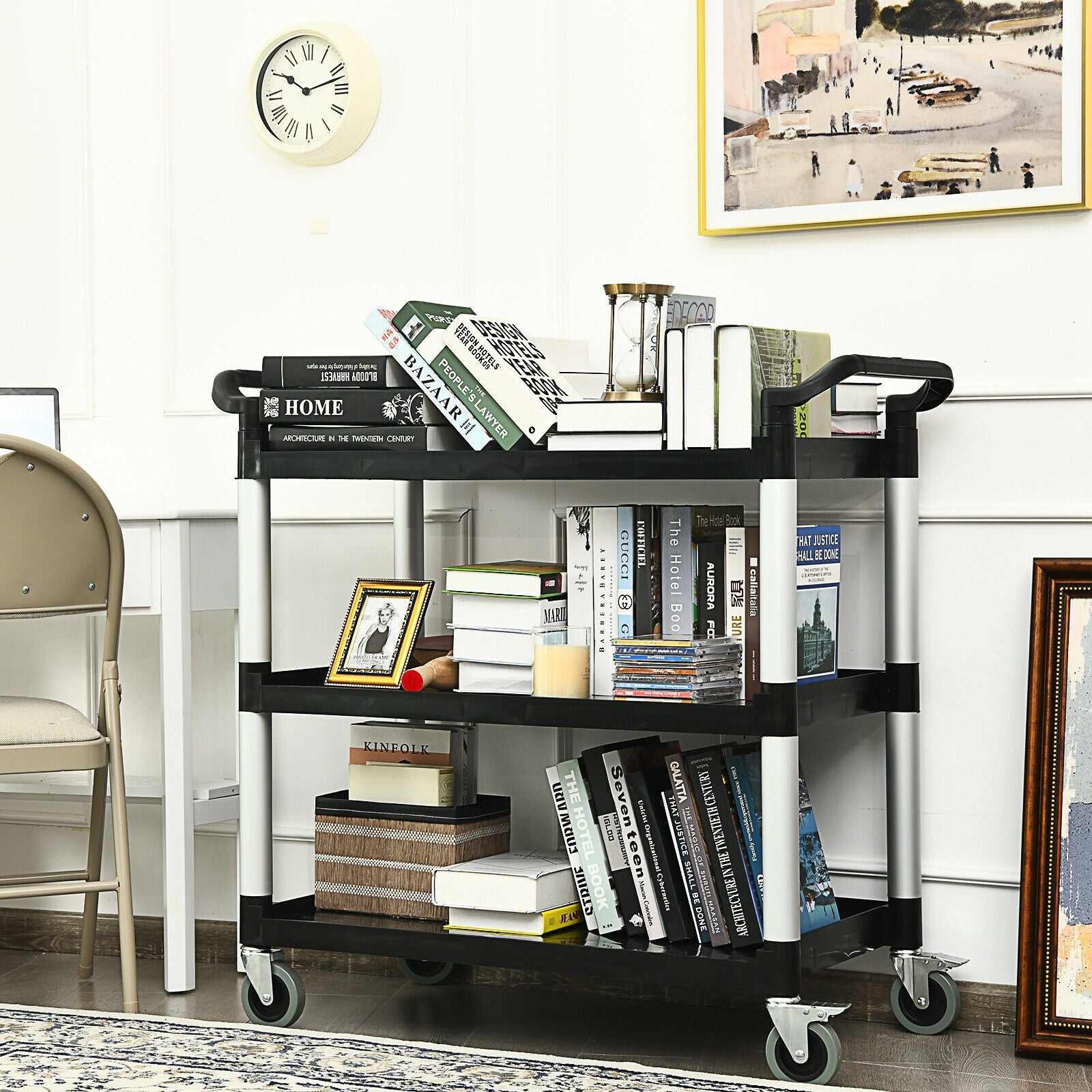 3-Shelf Utility Service Cart Aluminum Frame 490lbs Capacity with Casters, Black Kitchen Islands & Carts at Gallery Canada