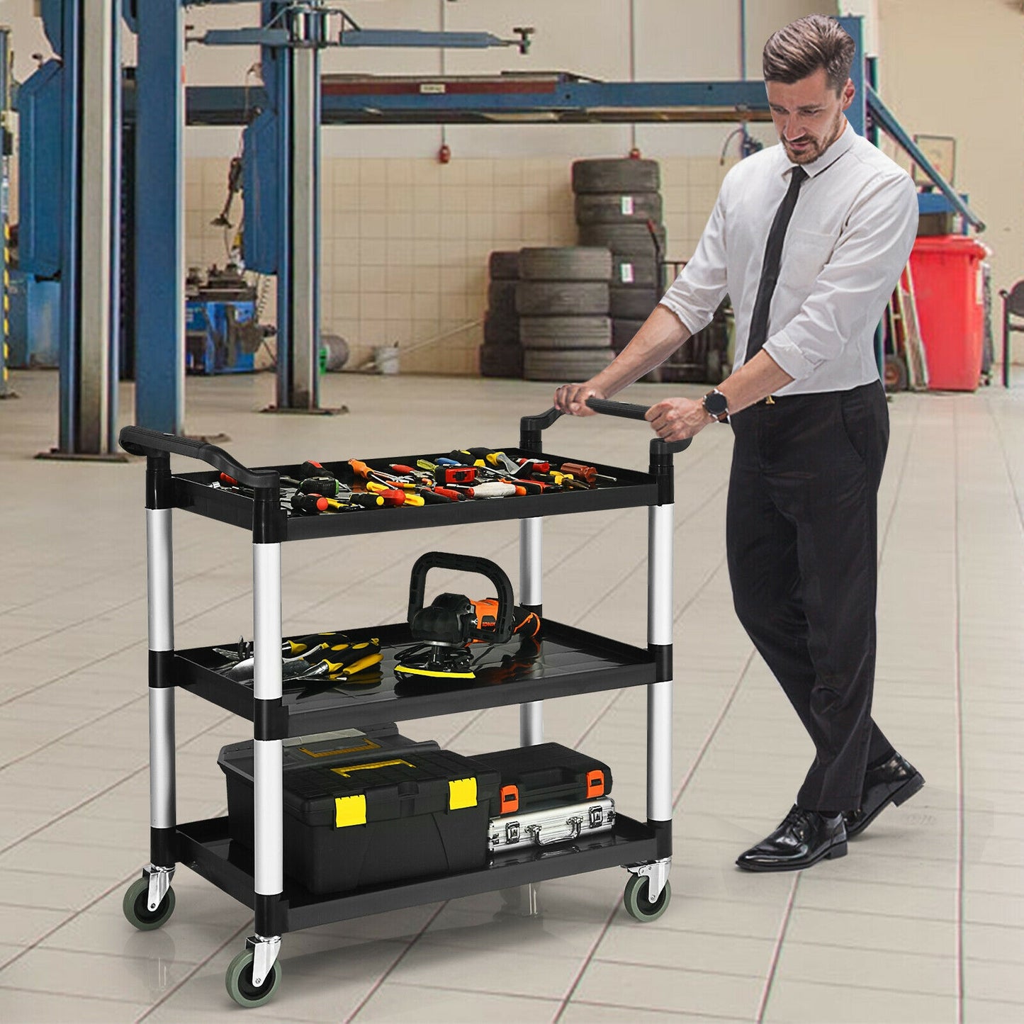 3-Shelf Utility Service Cart Aluminum Frame 490lbs Capacity with Casters, Black Kitchen Islands & Carts at Gallery Canada