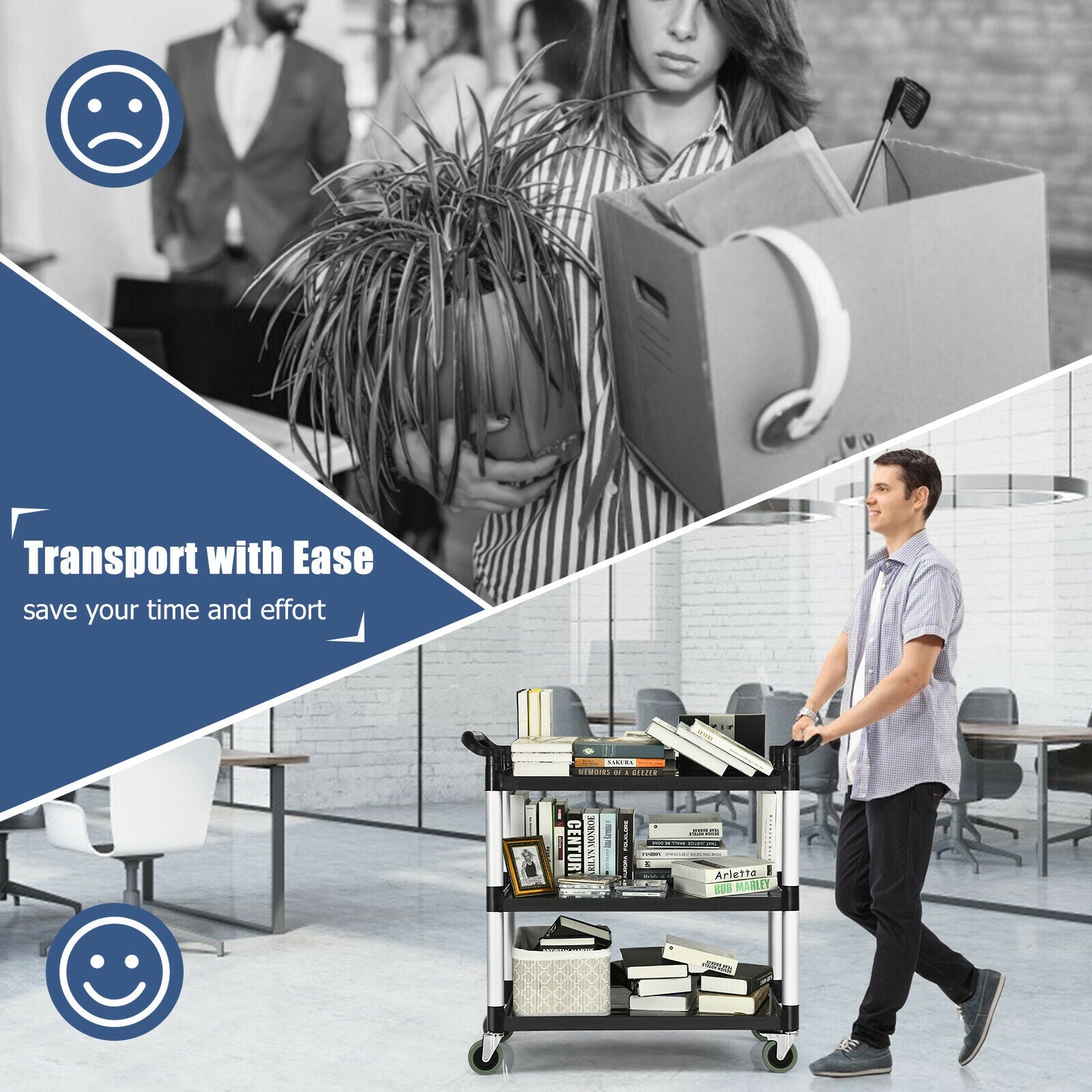 3-Shelf Utility Service Cart Aluminum Frame 490lbs Capacity with Casters, Black Kitchen Islands & Carts at Gallery Canada