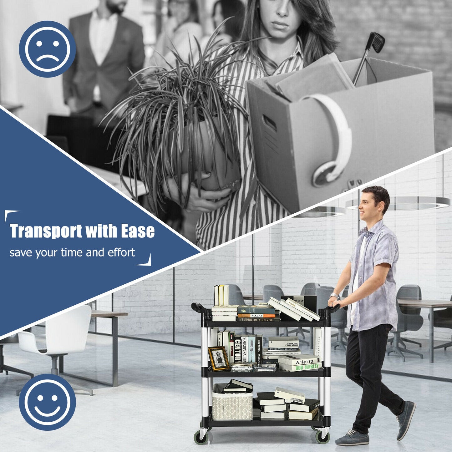 3-Shelf Utility Service Cart Aluminum Frame 490lbs Capacity with Casters, Black Kitchen Islands & Carts at Gallery Canada