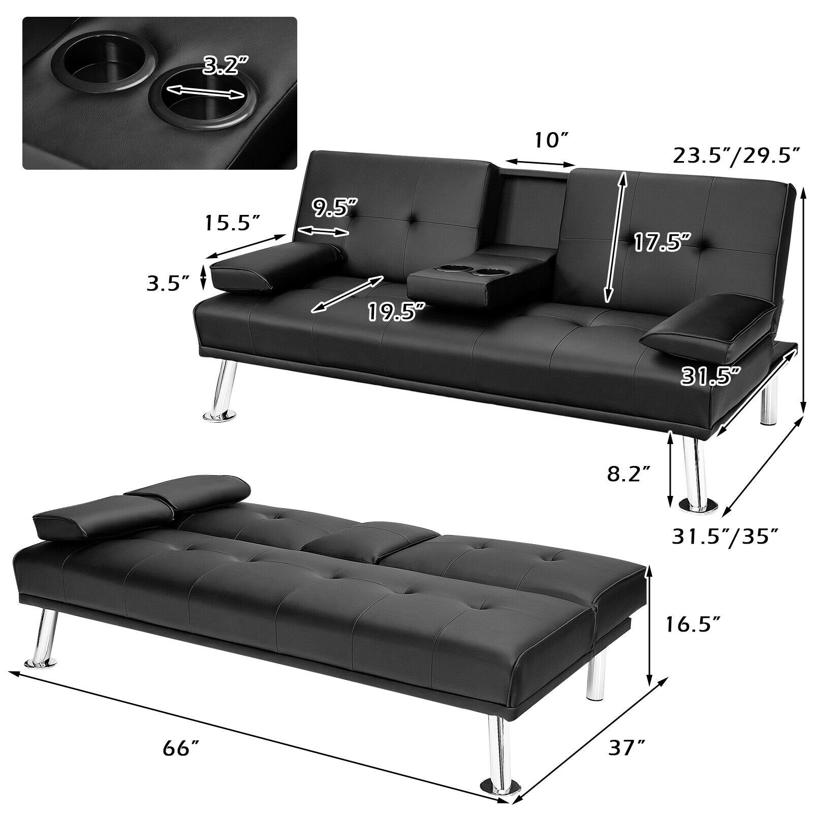Convertible Folding Leather Futon Sofa with Cup Holders and Armrests, Black - Gallery Canada