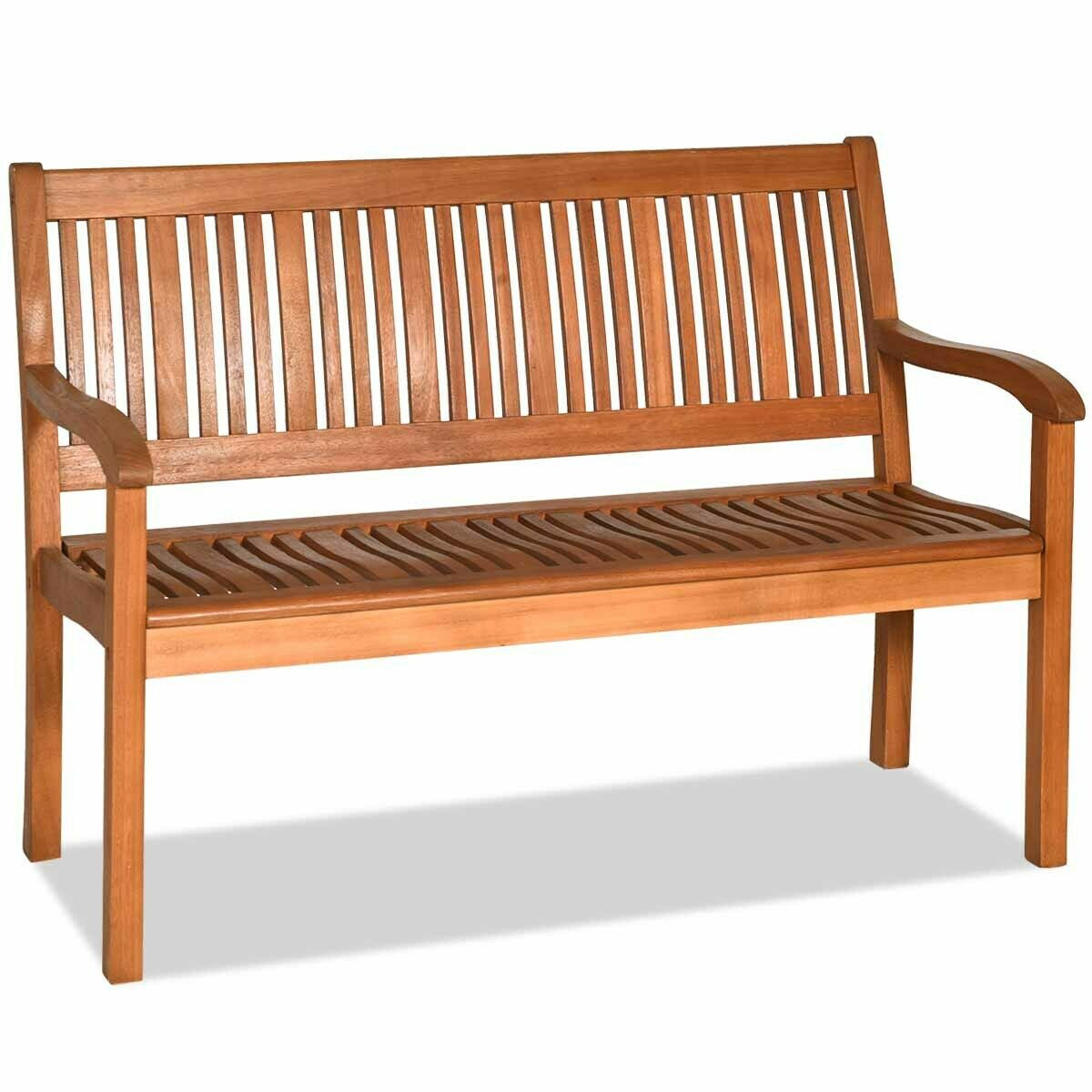 Two Person Solid Wood Garden Bench with Curved Backrest and Wide Armrest, Natural Outdoor Benches at Gallery Canada
