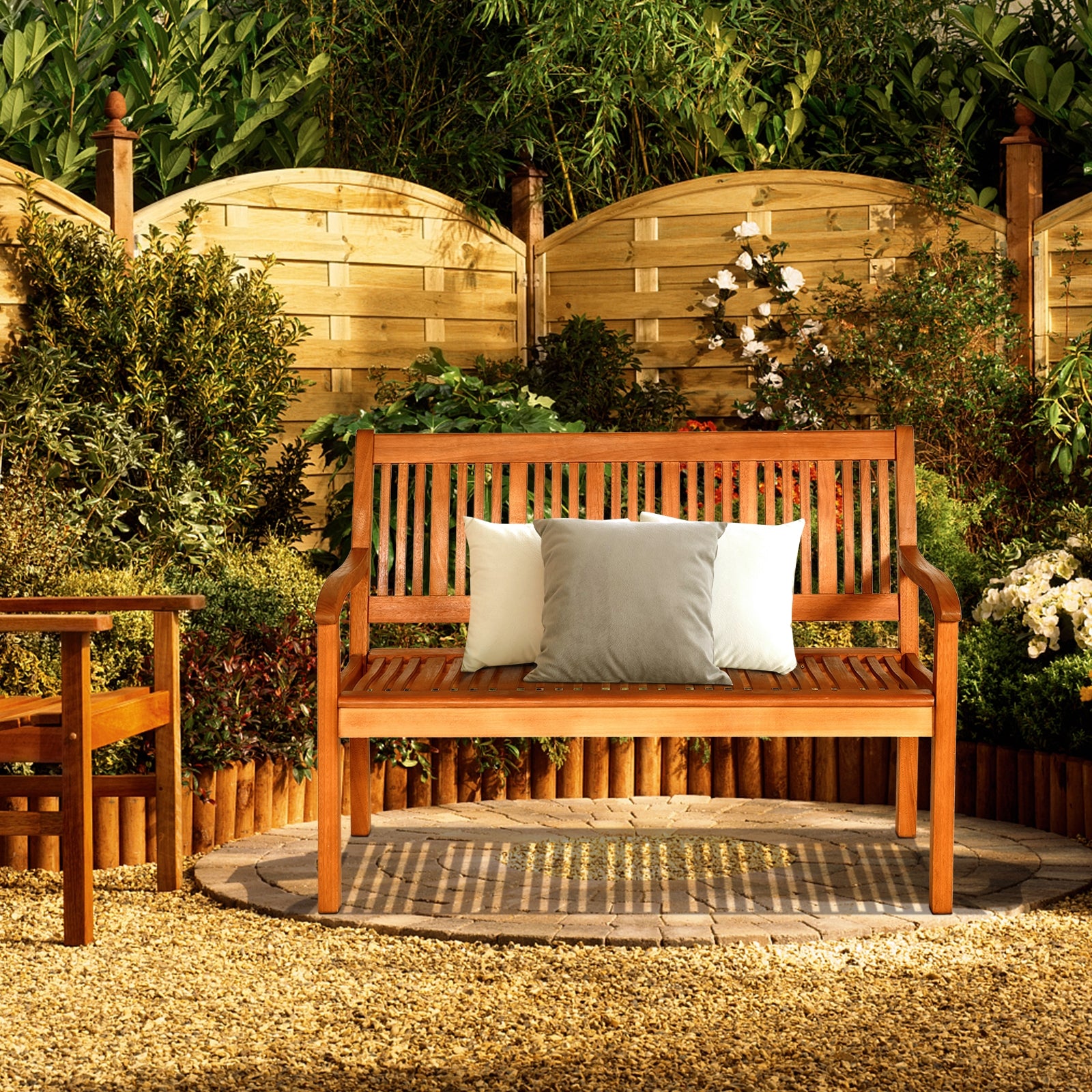 Two Person Solid Wood Garden Bench with Curved Backrest and Wide Armrest, Natural Outdoor Benches at Gallery Canada
