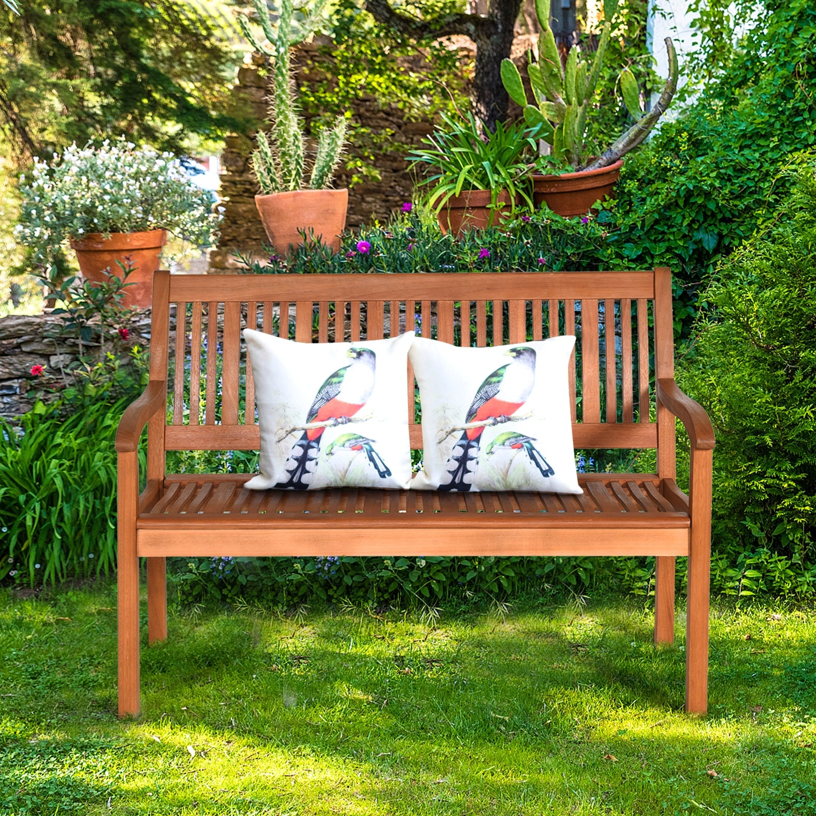 Two Person Solid Wood Garden Bench with Curved Backrest and Wide Armrest, Natural Outdoor Benches at Gallery Canada