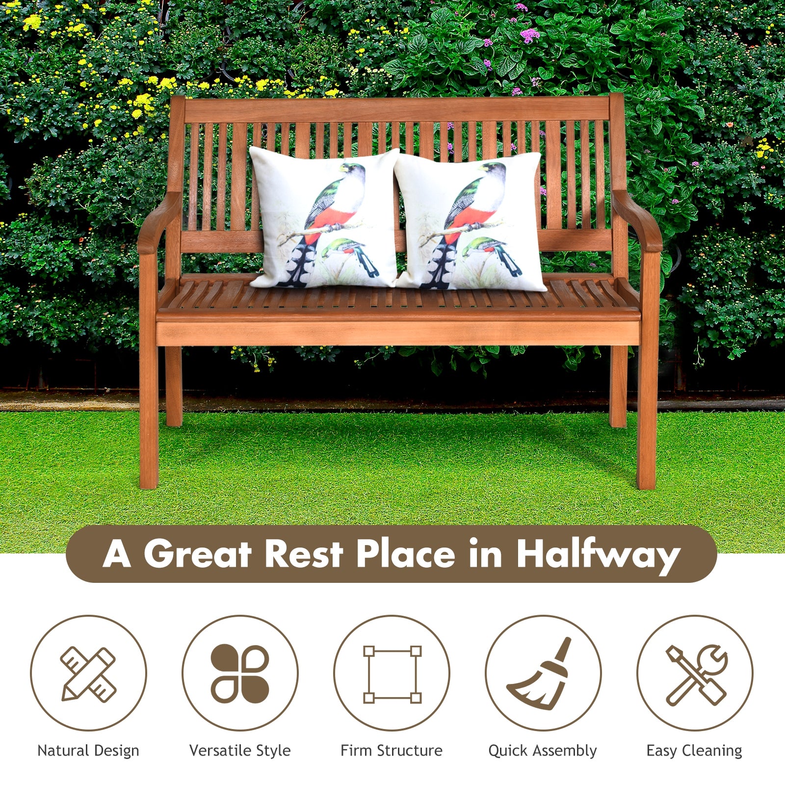 Two Person Solid Wood Garden Bench with Curved Backrest and Wide Armrest, Natural Outdoor Benches at Gallery Canada