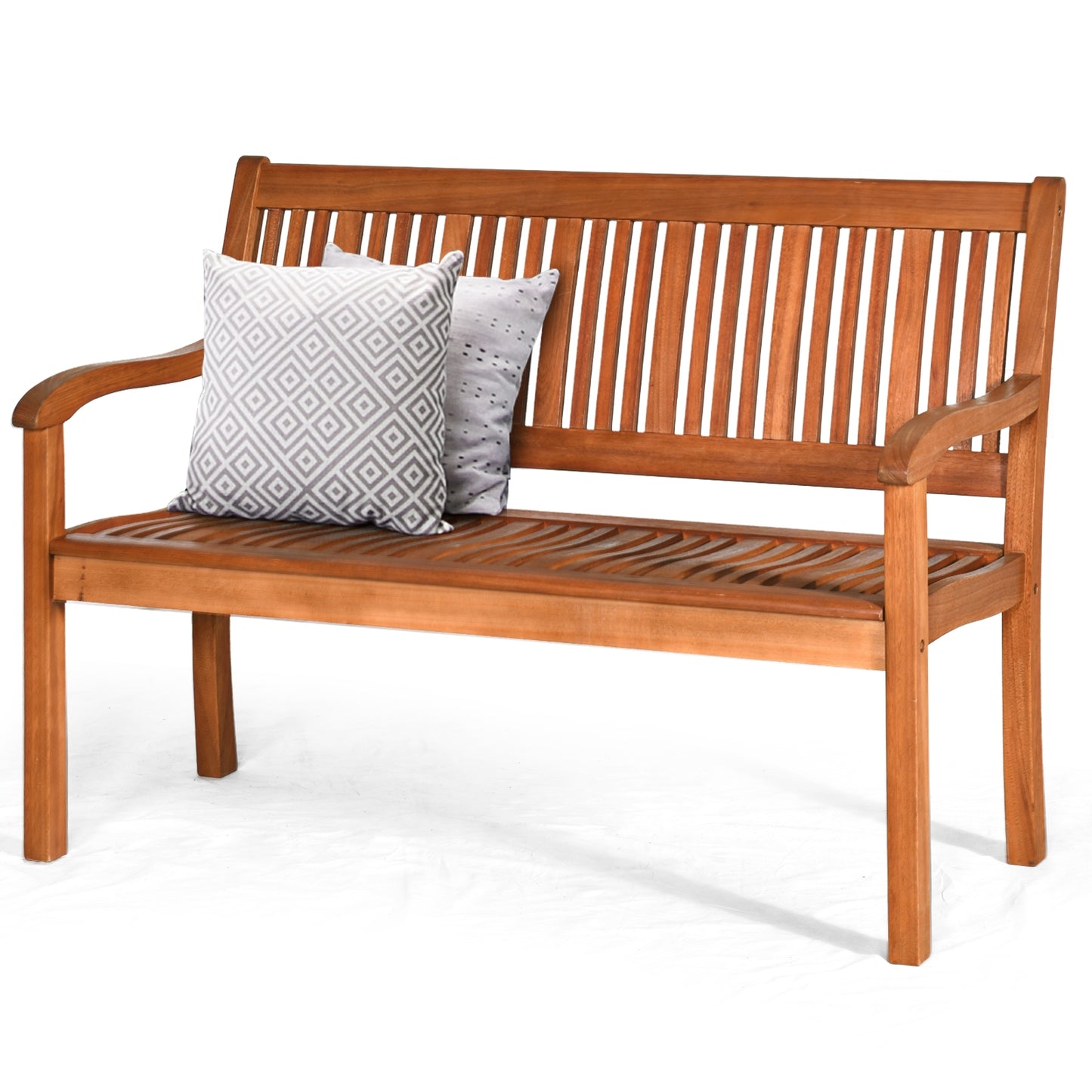 Two Person Solid Wood Garden Bench, Curved Backrest, Wide Armrest, Natural Outdoor Benches Natural at Gallery Canada