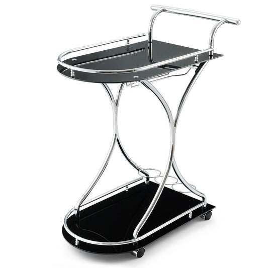 Glass Serving Cart with Metal Frame and 2 Tempered Glass Shelves, Black - Gallery Canada