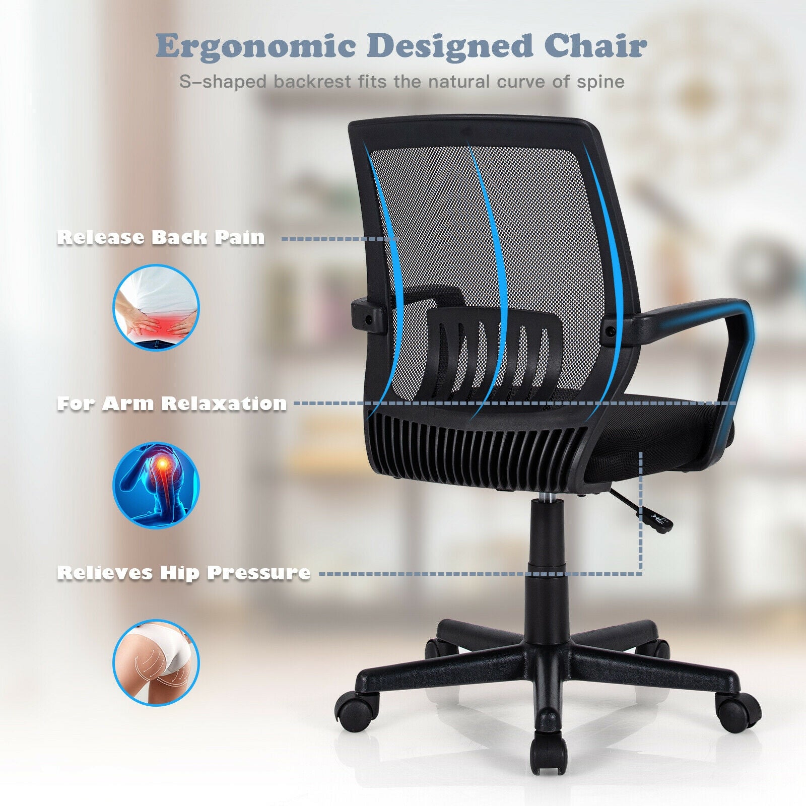 Mid-Back Mesh Height Adjustable Executive Chair with Lumbar Support, Black Mesh Chairs at Gallery Canada