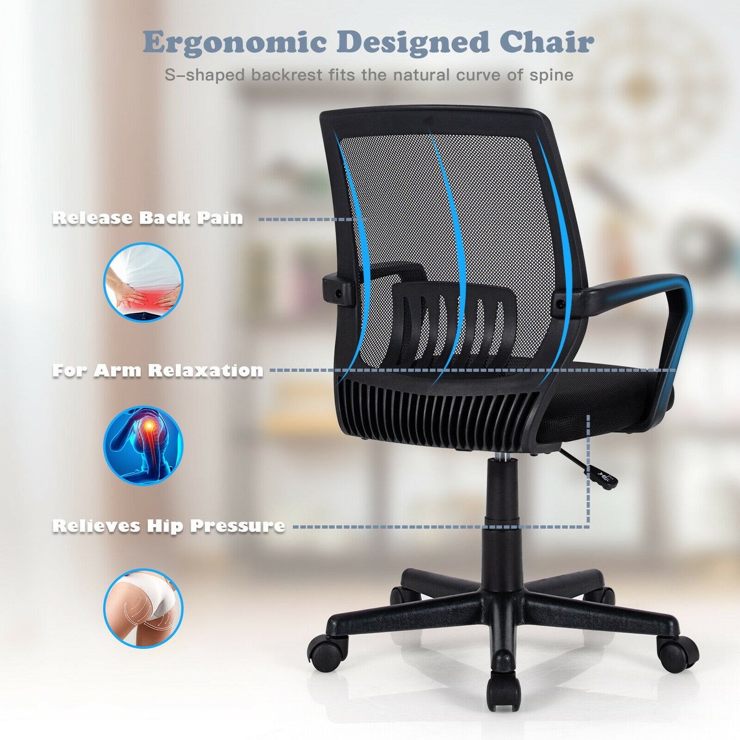 Mid-Back Mesh Height Adjustable Executive Chair with Lumbar Support, Black Mesh Chairs at Gallery Canada
