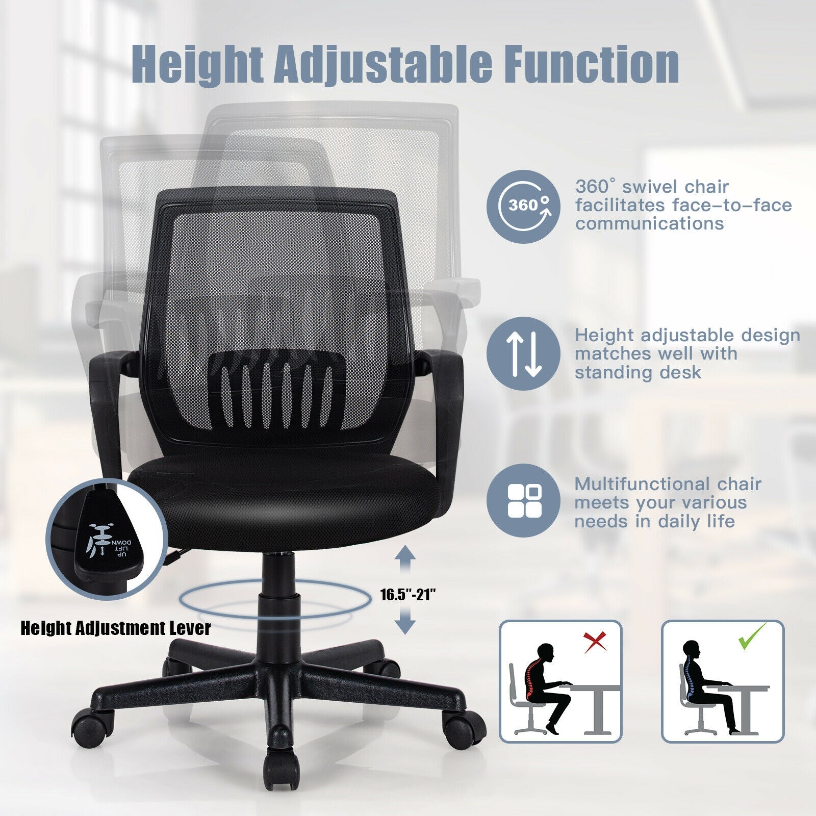 Mid-Back Mesh Height Adjustable Executive Chair with Lumbar Support, Black Mesh Chairs at Gallery Canada