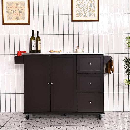 Kitchen Island 2-Door Storage Cabinet with Drawers and Stainless Steel Top, Dark Brown - Gallery Canada